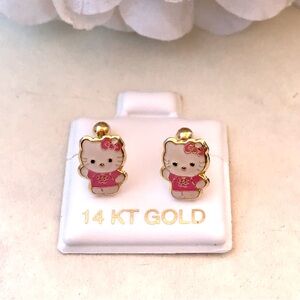 Solid Yellow Gold 14 Karat Pink Kitty Cat 7x7 mm Earring